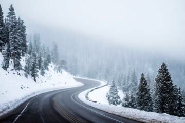Winding mountain road disappearing into foggy winter forest