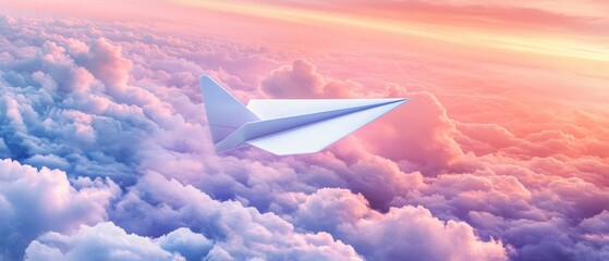 Paper airplane soaring through pastel cloudscape dreamy flight concept