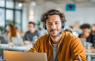 Smiling Support Agent with Headset in Office.  Ideal for business, and communication-themed projects. Great for corporate visuals, team content.