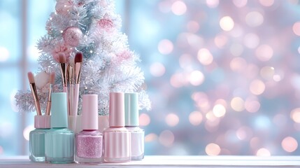 A collection of pastel nail polish bottles and brushes beside a small white Christmas tree. Soft bokeh background creates a festive atmosphere. copy space