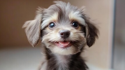 Adorable puppy closeup happy pet portrait with soft fur and bright eyes