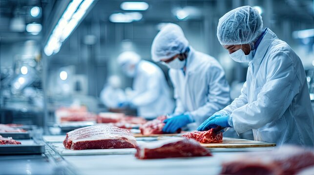 Workers in protective gear prepare meat in a clean, industrial setting, showcasing food processing procedures in action.