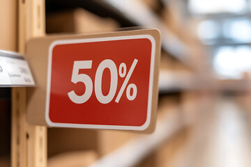 Sign shows a half-off sale. Large numbers on display give a close-up view of the promotion. Get ready to save on your favorite items with deep discounts!