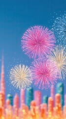 Colorful fireworks over city skyline, bright fireworks over city skyline with golden reflection, fireworks over city skyline for festive editorial, holiday celebration, and event design background