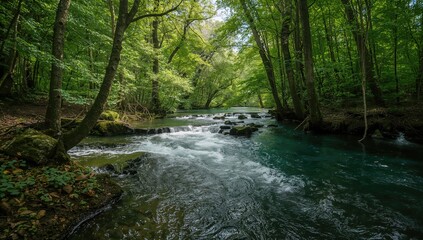 Obraz premium An Elegant Display of Nature's Harmony: A Serene River with Pristine Waters and Verdant Foliage, Forming a Peaceful Sanctuary Where Beauty Thrives in Every Gentle Wave