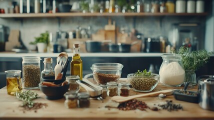 Culinary ingredients rustic kitchen tabletop still life food photography