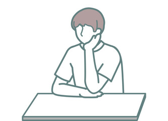 Man resting his chin on his hand while sitting at a desk, shown in color. Ideal for conveying thinking, waiting, or casual moments in business or educational materials.