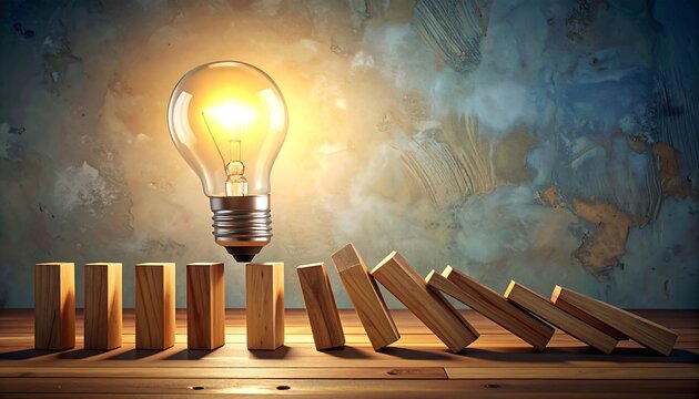 A lit lightbulb hovers above wooden blocks forming a domino chain, symbolizing inspiration and cascading effects on a textured backdrop