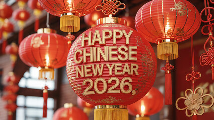 Red Lanterns with Happy Chinese New Year 2026 Message and Decorative Chinese Knots