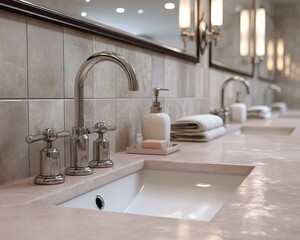 Luxury bathroom interior with modern sink counter and chrome faucet, luxury bathroom design in soft beige tone for spa inspired lifestyle, bathroom decor concept for home and hospitality branding