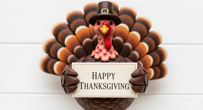 Thanksgiving turkey figurine wearing hat, holding sign saying "Happy Thanksgiving".  Autumnal colors, festive, holiday greeting