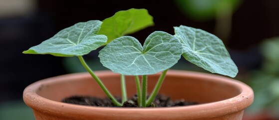 Vibrant green seedling in terracotta pot close up view