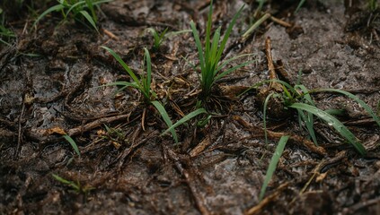 Detailed view of soaked vegetation and damp earth post-rain, highlighting organic patterns, water droplets, and decomposing foliage.
