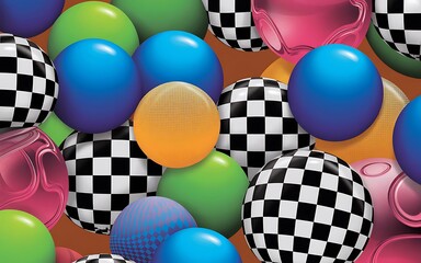 Vibrant 3d spheres pattern with checkerboard and solid colors for dynamic design