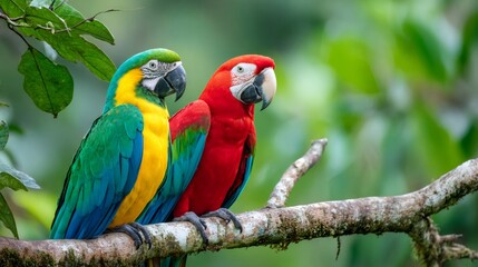Obraz premium Macaws couple perching on branch in lush tropical forest