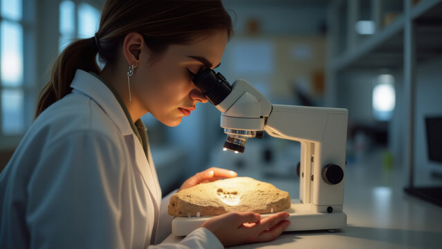 A female scientist studies a rock sample under a microscope in a modern laboratory.