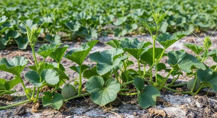 Obraz premium Medium shot of healthy melon vines thriving in saline field conditions showcasing robust growth and leaf structure adapted to high salt levels.