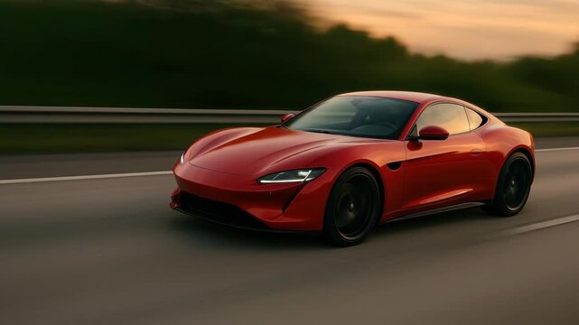 Dynamic side view of a sleek red sports car speeding on a highway at sunset, capturing motion blur. Perfect for a high-energy automotive video. Live desktop wallpaper.