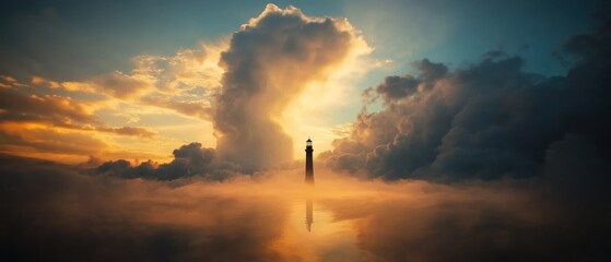 Solitary lighthouse in sunset cloudscape hopeful and serene seascape