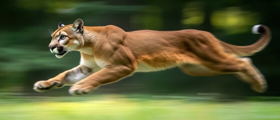 Cougar running in forest dynamic wildlife image