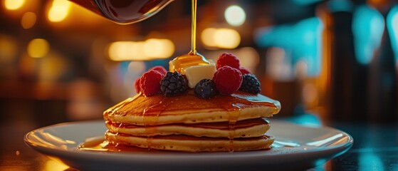 Sweet pancakes with berries and syrup close up food photography