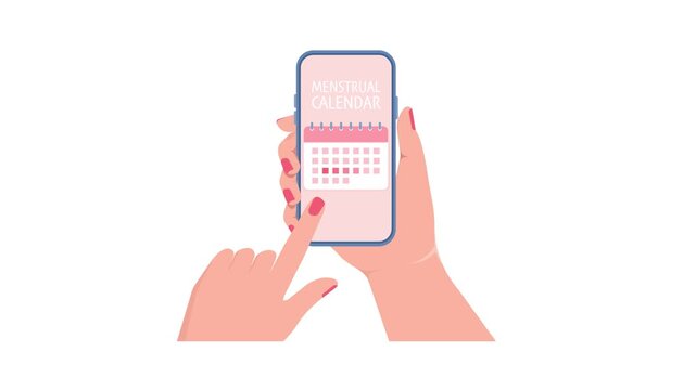 Woman using menstrual calendar app on smartphone, white and green screen