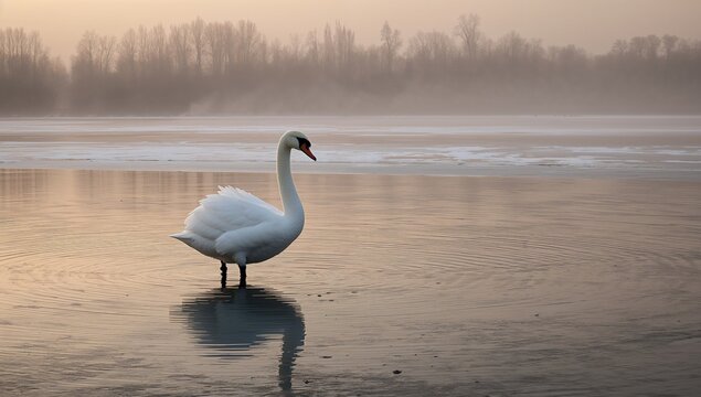 Elegant white swan gliding on misty icy lake at sunset