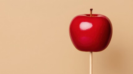 Obraz premium Caramel coated apple concept, Shiny red apple on a stick against a neutral background.