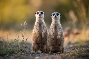 Fototapeta premium Group of brown meerkats standing side by side on the earth