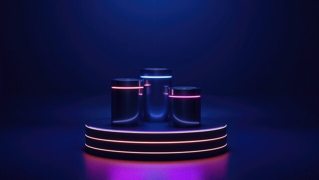 Digital product display with a trio of illuminated cylindrical stands on a blue backdrop featuring a dotted pattern. - Powered by Adobe