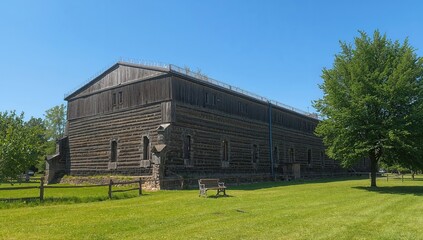 Obraz premium 16th-18th Century Cossack Fortified Settlement at an Outdoor Museum of Traditional Architecture and Customs in Middle Dnipro Region with Sky, Summer, Trees, and Wood Houses