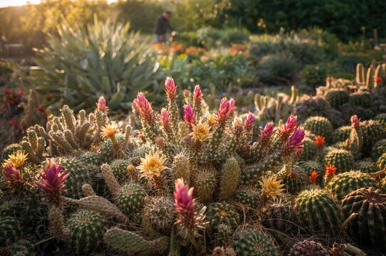 Details of a blooming floral garden with green plants under the sun