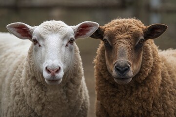 Obraz premium Pair of white sheep in natural setting, close-up portrait of farm animals