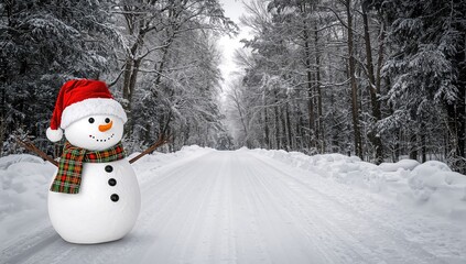 Obraz premium Vivid snowman wearing a crimson holiday hat standing outdoors with a snowy woodland backdrop