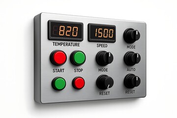Control panel with buttons, switches, and digital readouts, isolated white background