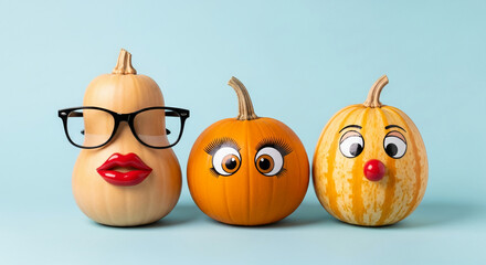 Three pumpkins with playful faces on light-blue background.  One wears glasses and lipstick, others have googly eyes.  A fun, autumnal image, perfect for seasonal greetings or blog decoration