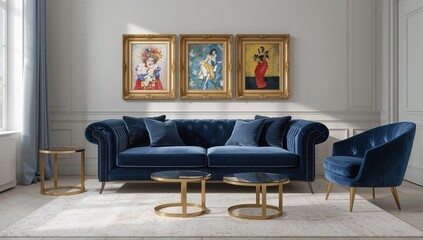 A stylish navy blue couch set in a luminous living space featuring gold metal side tables and three artworks on a gray backdrop. High-quality photograph.