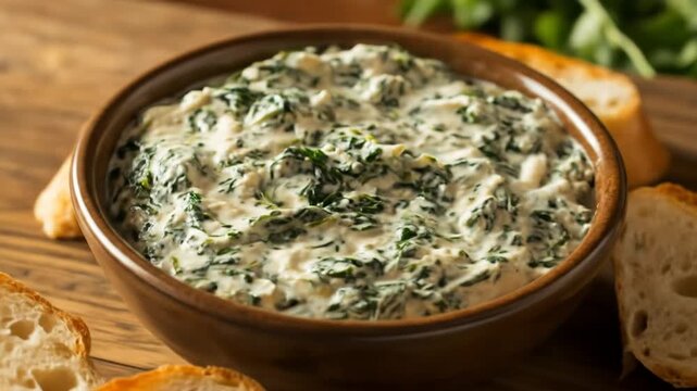 Creamy spinach dip in a bowl with toasted bread slices closeup shot