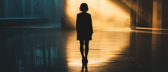 Silhouette woman standing golden light dramatic dark moody reflective atmosphere
