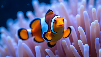 Close-up underwater photograph of vibrant orange clownfish in coral reef. Generative AI
