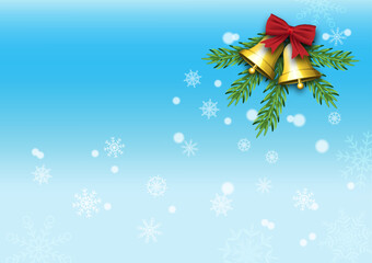 Christmas bell and pine leaf, snow fall background.