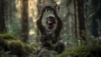 Soldier operating surveillance drone in dense forest environment