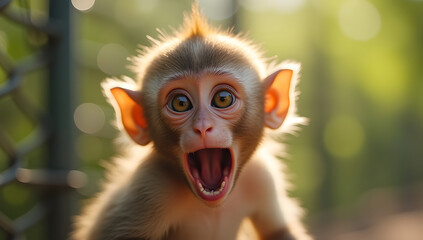 Adorable monkey with funny surprised face, natural light. Generative AI
