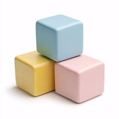 Fototapeta premium Three stacked wooden blocks in pastel shades of blue, yellow, and pink create a minimalist design, isolated on a white background offering a playful and bright aesthetic suitable for various purposes.
