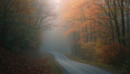 Foggy morning view of a countryside path surrounded by leafy trees in fall