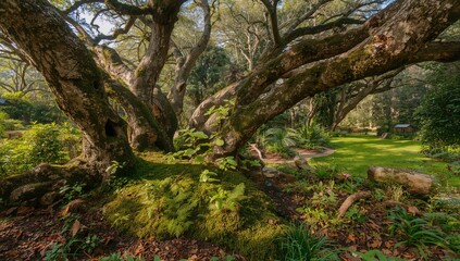 Fototapeta premium Lush moss and ferns thriving beneath towering trees in a garden during spring
