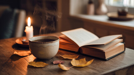 Naklejka premium Peaceful home moment with candle and book, ideal for relaxation, mindfulness, and slow living visuals.