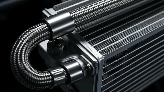 Close-up of a high-performance oil cooler with braided hose.