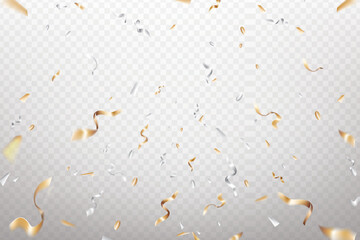 Golden confetti falling on transparent background. Perfect for celebration, party, or festive decoration designs.