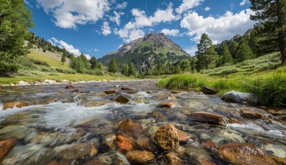 Mountain stream flowing in valley with rocky bed; nature background for travel ads